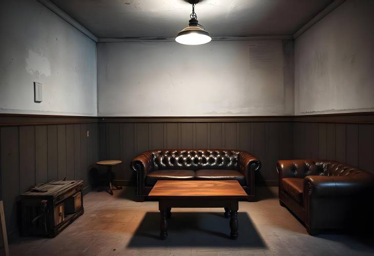 Timeless Vintage Living Room with Leather Sofa, Wooden Table, and Classic Light